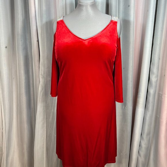 MSK Red Cold Shoulder Velvet Dress, 14 - Picture 3 of 12